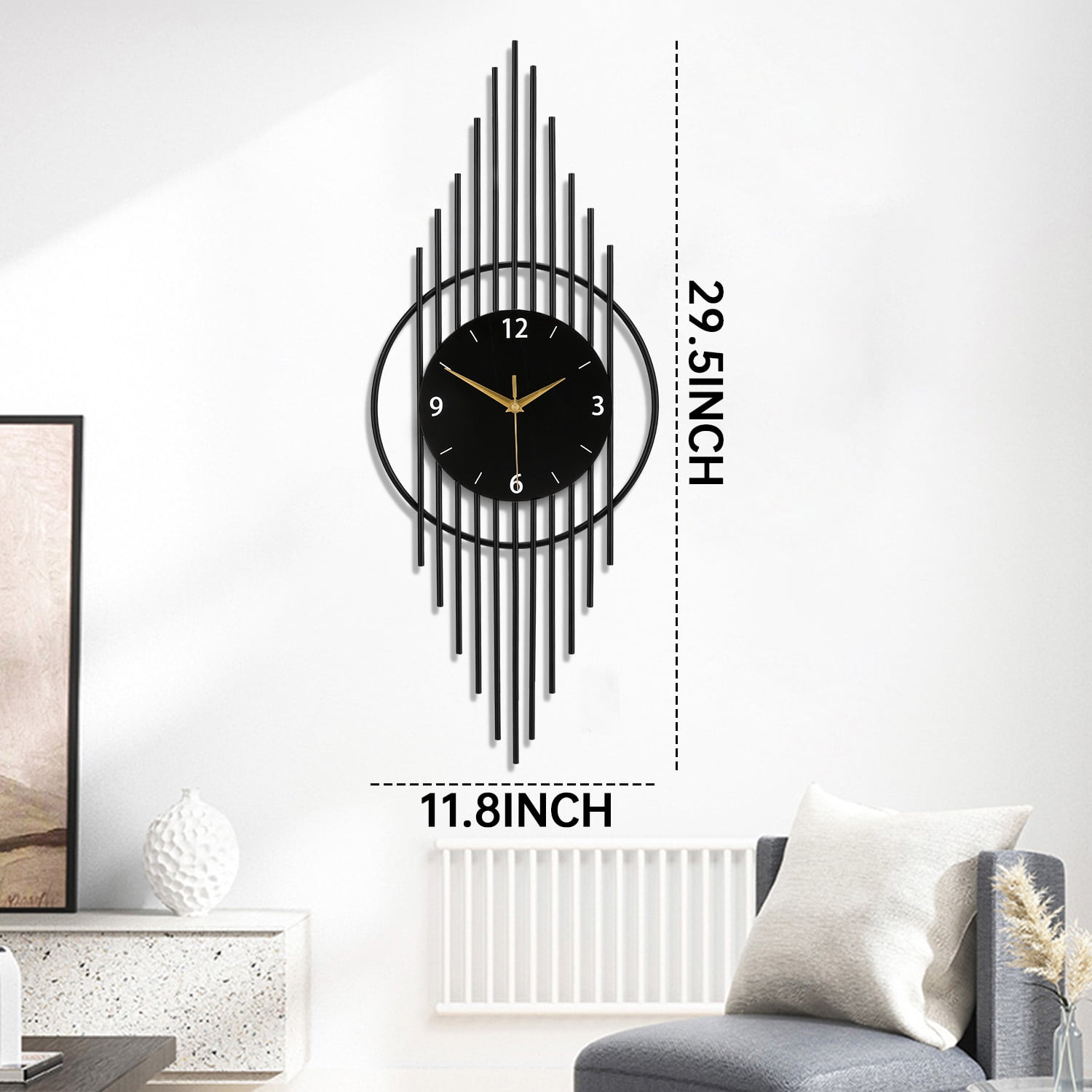 Modern Black Metal Wall Clock, Art Deco Style Large Decorative Clock for Living Room, Silent Non-Ticking Hanging Clock with Geometric Design, Unique Home Decor & Kitchen/Bedroom Wall Art