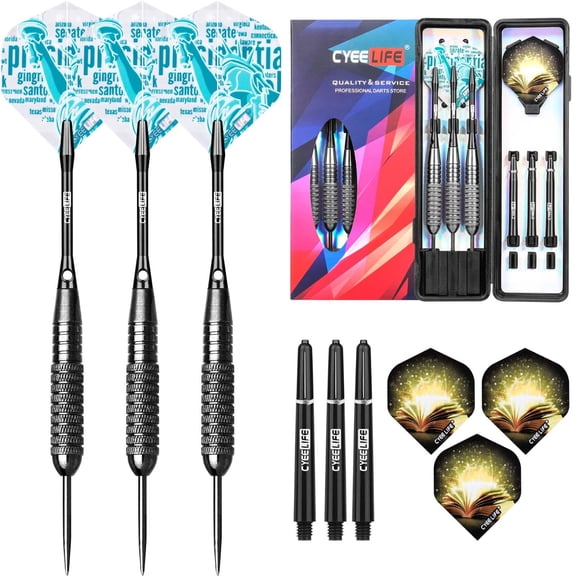 CyeeLife 22g Steel Tip Darts Set with Carry Case, Black Aluminum & PVC Shafts, PET Replacement Flights