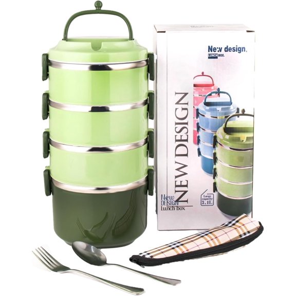 SANQIAHOME 4 Tier Stackable Stainless Steel Lunch Box Sealed(green, 4 layers) with spoon and fork