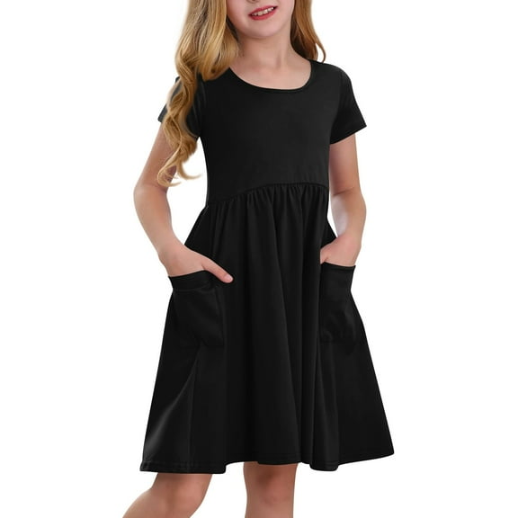 TQWQT Girls Dresses Size 10-12 Short Sleeve A Line Sundress Size 10-12 Black Plain Tween Girls T-Shirt Dress Kids Crew Neck Cute Skater Dress Trendy Summer T-Shirt Dress with Pockets Black 100