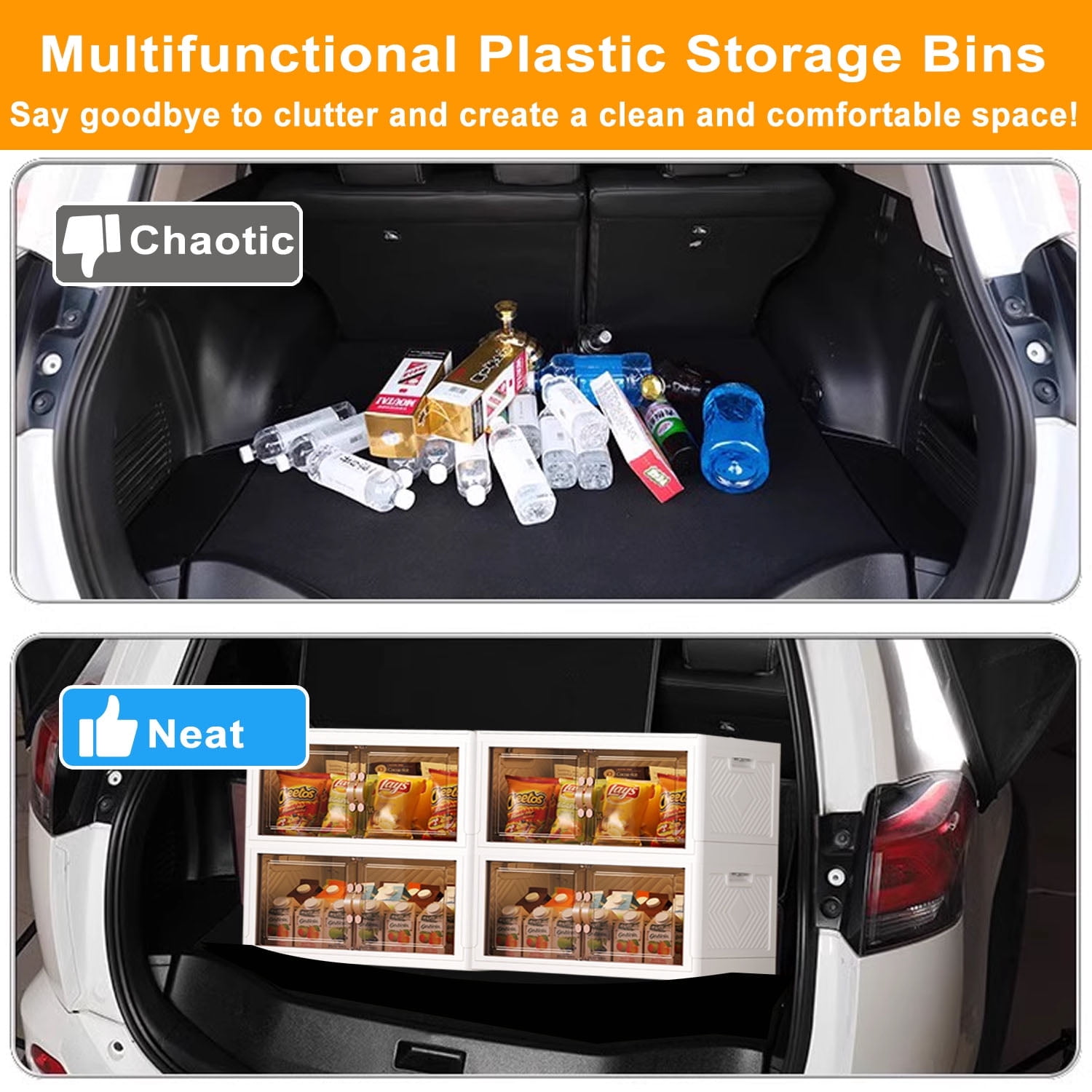 Storage Bins with Lids- 4 Tier Folding Storage box with Doors and Wheels, Collapsible Plastic Storage Bins for Closets, Stackable Storage Organizer, Storage Containers for Closet, White