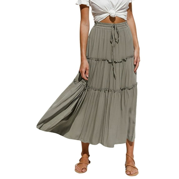 Franhais Women Long Pleated Skirt, Adults Casual Frilly High Waist Solid Color Drawstring Skirt