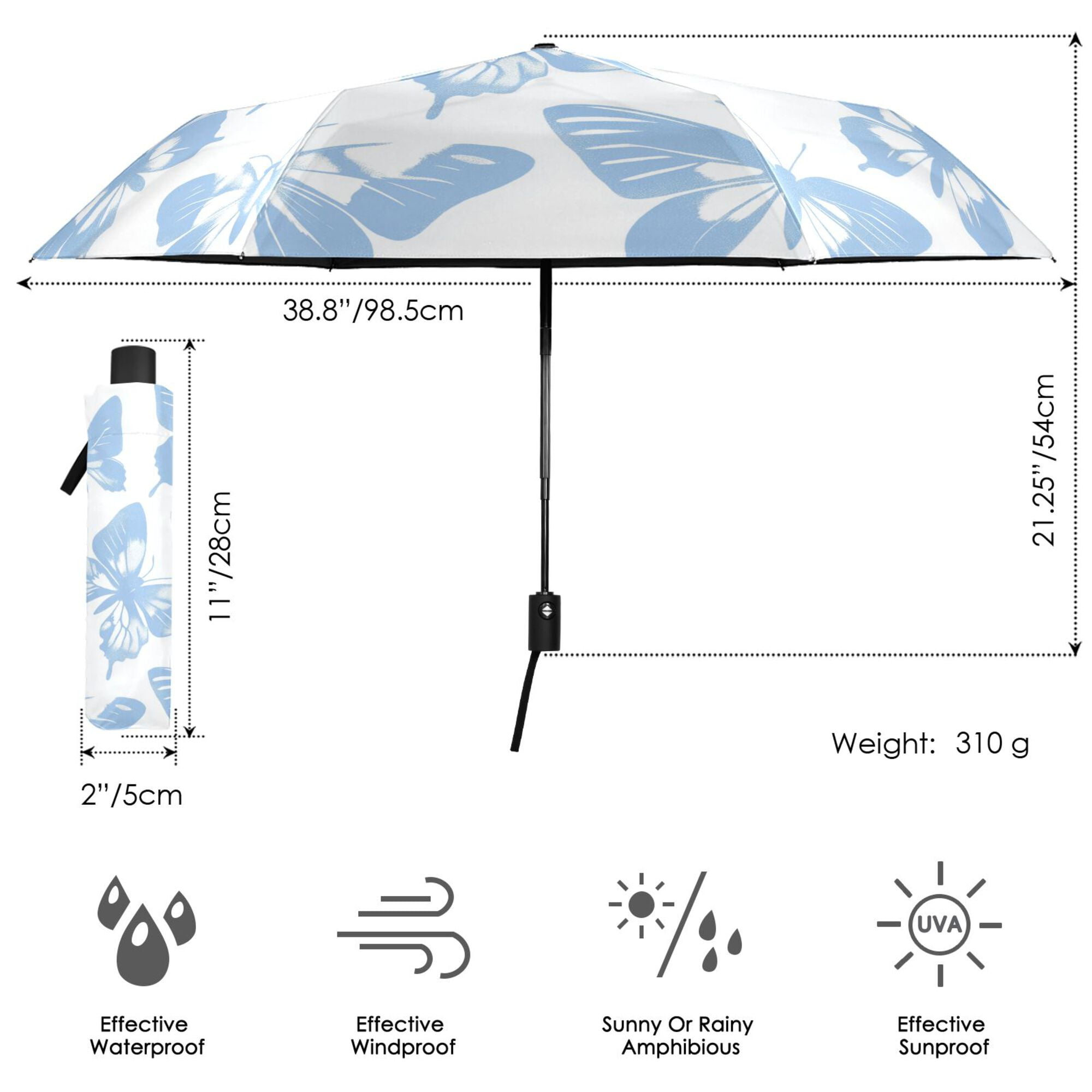 FORMRS Travel Umbrella Folding Auto Open Close Windproof Rain UV Protection, Blue Butterfly