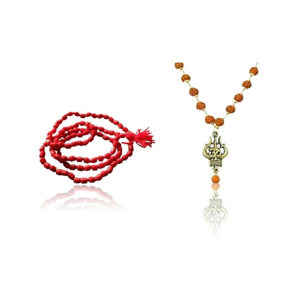 Kamada Combination of Red Coral (Moonga) mala and exquisite Trishul Rudraksha mala,Spritual Necklace/rosary for Women and Men