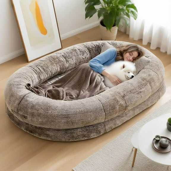 Extra Large Human Dog Bed for Adults & Pets, Faux Fur Orthopedic Lounger with Pillow & Blanket, Washable Nap Bed, Perfect Gift for Pet Lovers (68'' x 35'' x 14'')