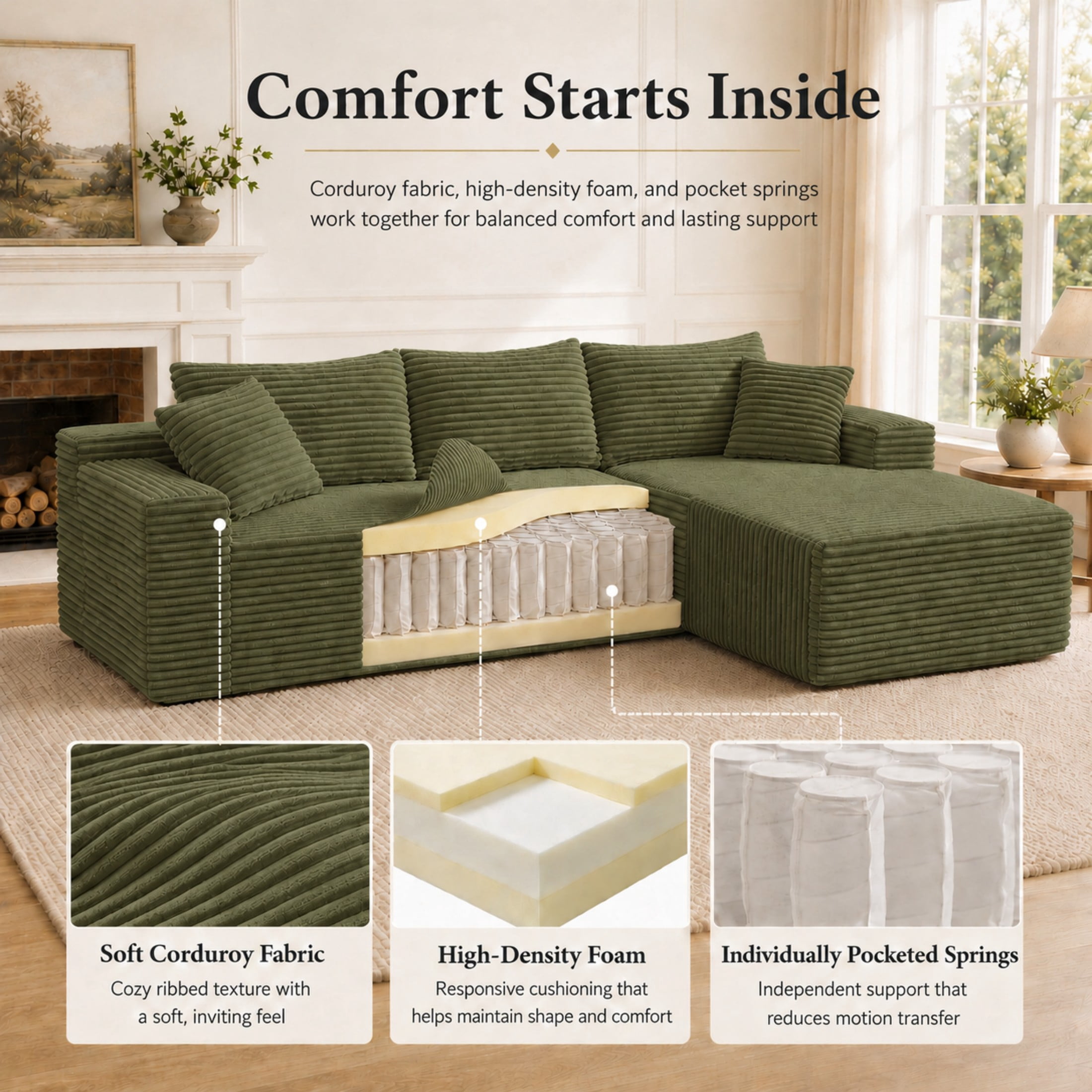 Aenkyo 106 Inch Corduroy L-Shaped Cloud Sectional Sofa with Reversible Chaise, Green