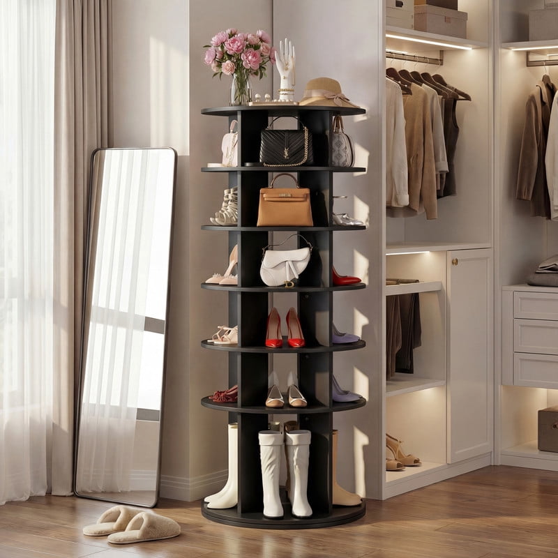 Homall 7-Tier 360° Rotating Shoe Rack, 23.6" Dia, 64.5" H, Holds 35 Pairs, Tall Boots & Handbag Storage