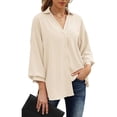 thumbnail image 1 of Camisa con botones para mujer, cuello en V, color puro, manga tres cuartos, camisa con cuello en V y botones para mujer, color albaricoque M, 1 of 6