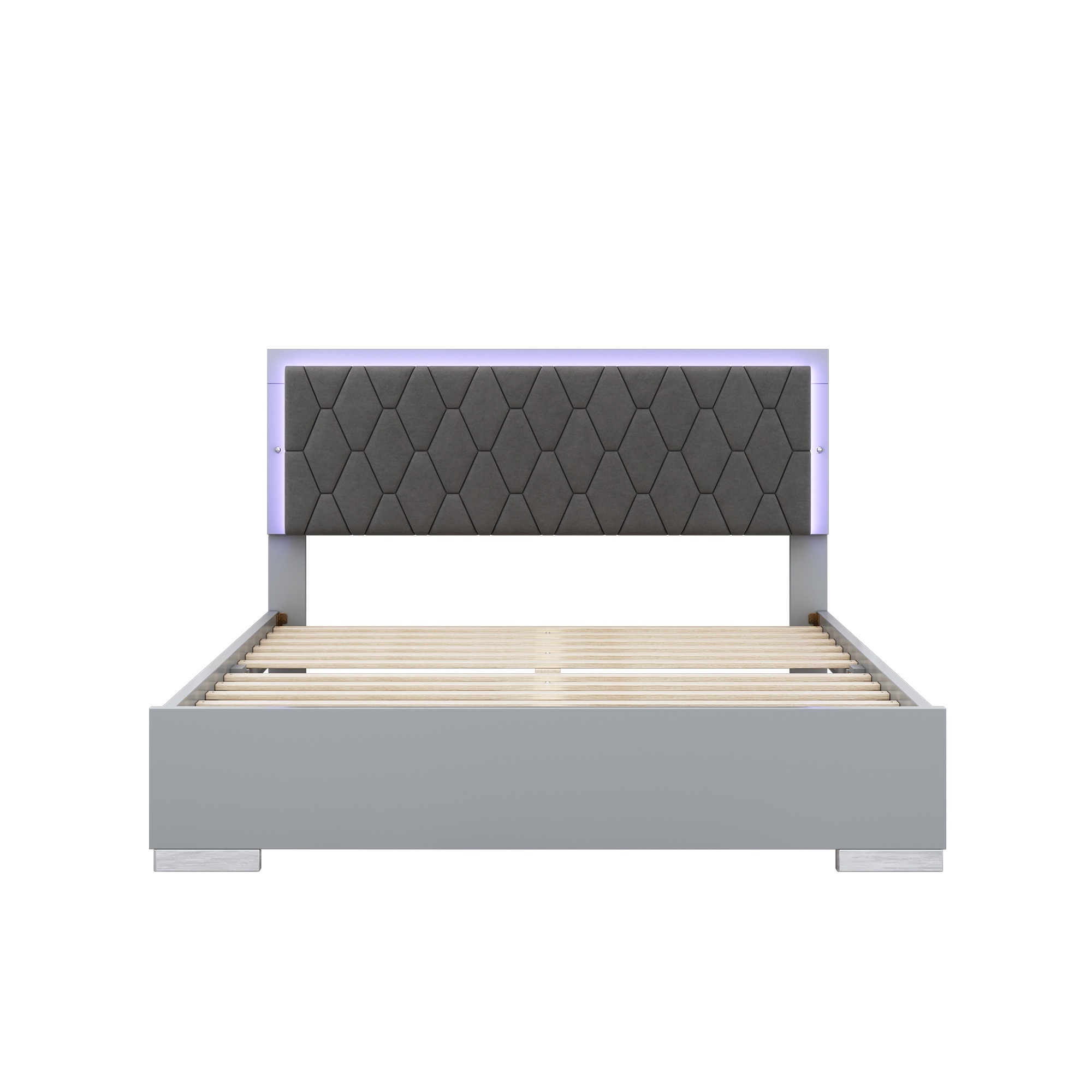 PORKISS Queen Size Bed Frame, Modern Upholstered Bed with LED Light, Wood Platform Bed with with Velvet Headboard, Grey