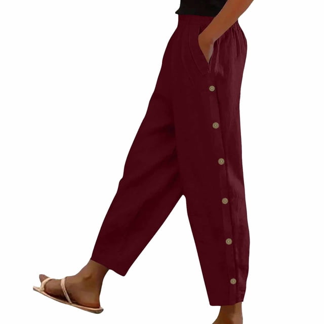 Ladies Casual Pants Buttons Solid High Waisted Wide Leg Drawstring Elastic With Pockets Woman Pants Wine XL