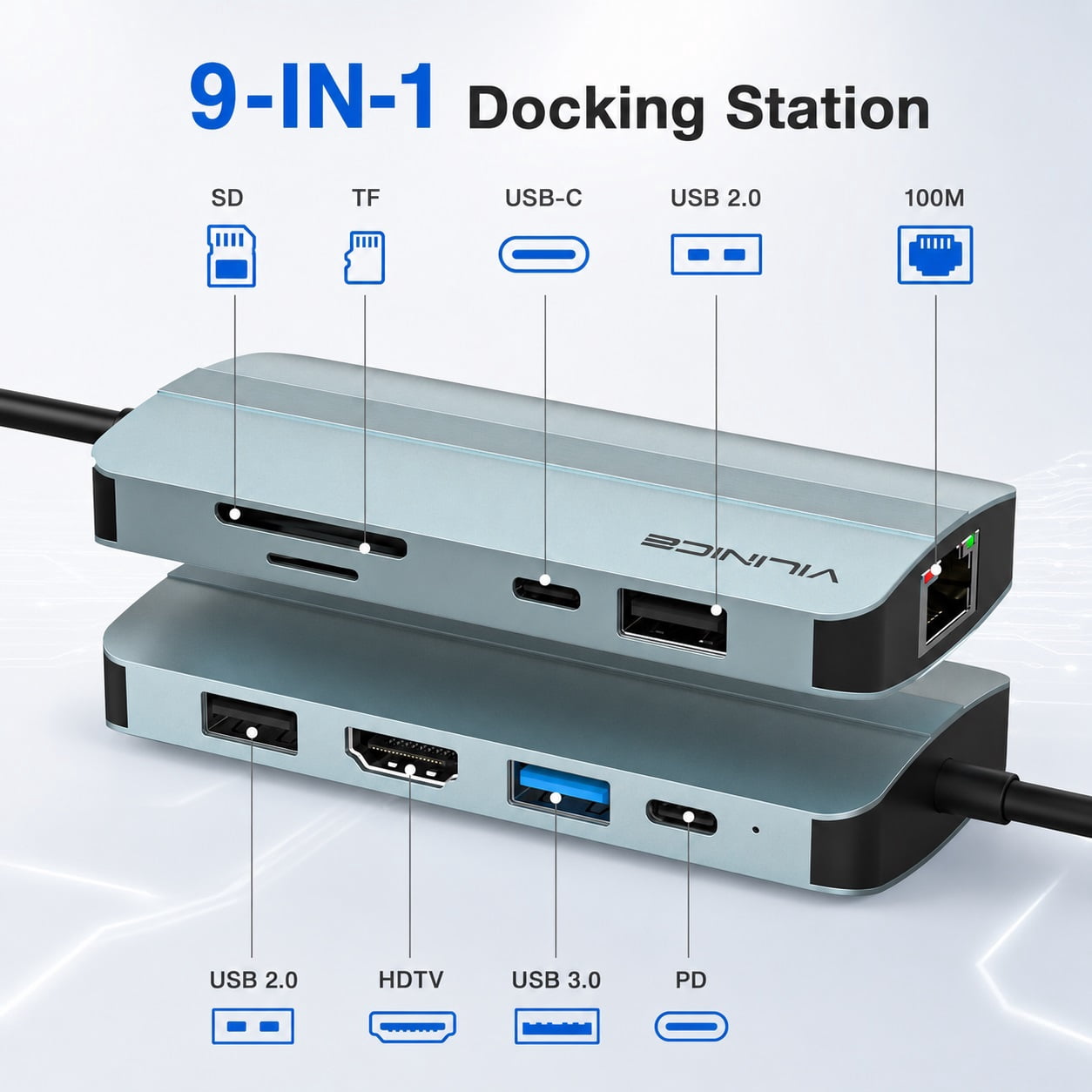 VILINICE USB C Hub, 9-in-1 USB C Laptop Docking Station with 1080P HDMI, RJ45 Ethernet Multiport Adapter with Charging, USB 3.0, SD/TF Card Reader, Compatible with MacBook Pro/Air and USB-C Devices