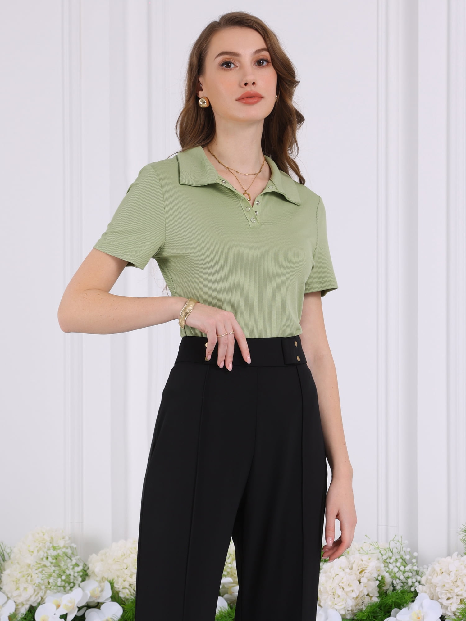 DARING DIVA Short Sleeve Stretch Polo Shirt Body Suit L Green