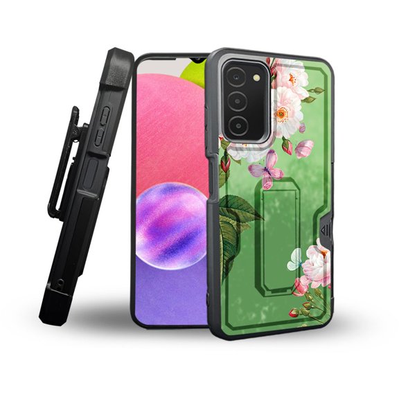 ANJ  Rugged Shockproof Holster Case Card Slot Kickstand   Tempered Glass Cover for Samsung Galaxy A03s - Lush Garden