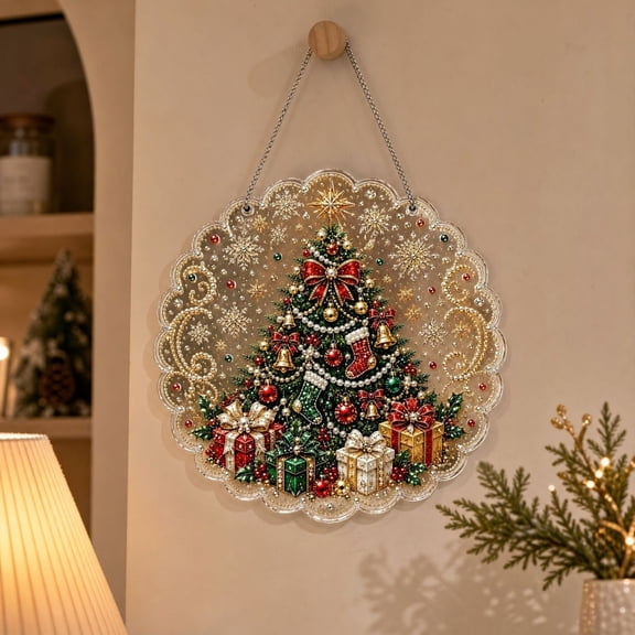 Dalang Christmas Wall Plaque, Rhinestone Acrylic Door Decoration, Bright Holiday Window Mantel Porch Seasonal Hanging Home Accent, 7.9 in