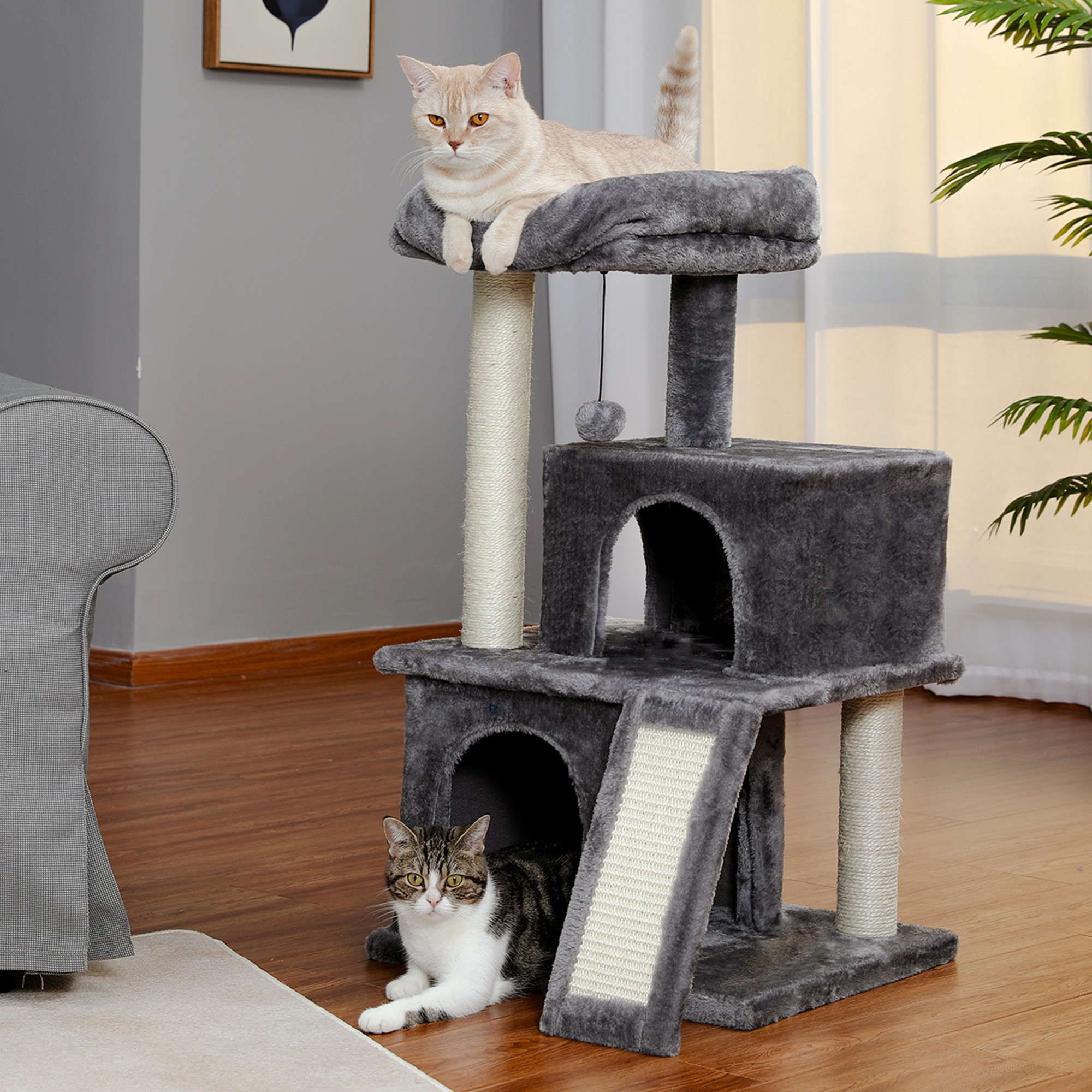 Kadyn 33" Multi-Level Cat Tree Tower Cat Condo with Scratching Posts, Jump Platform Top Perch, Hammock and Dangling Ball, Gray