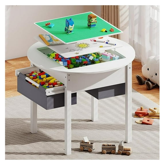 Kids Table with Storage, Wooden Kids Play Table with 2 Canvas Drawers, Round Toddler Activity Tables with Double Sided Desktop for Ages 3-8, Building Blocks, Toddler Desk for Bedroom/