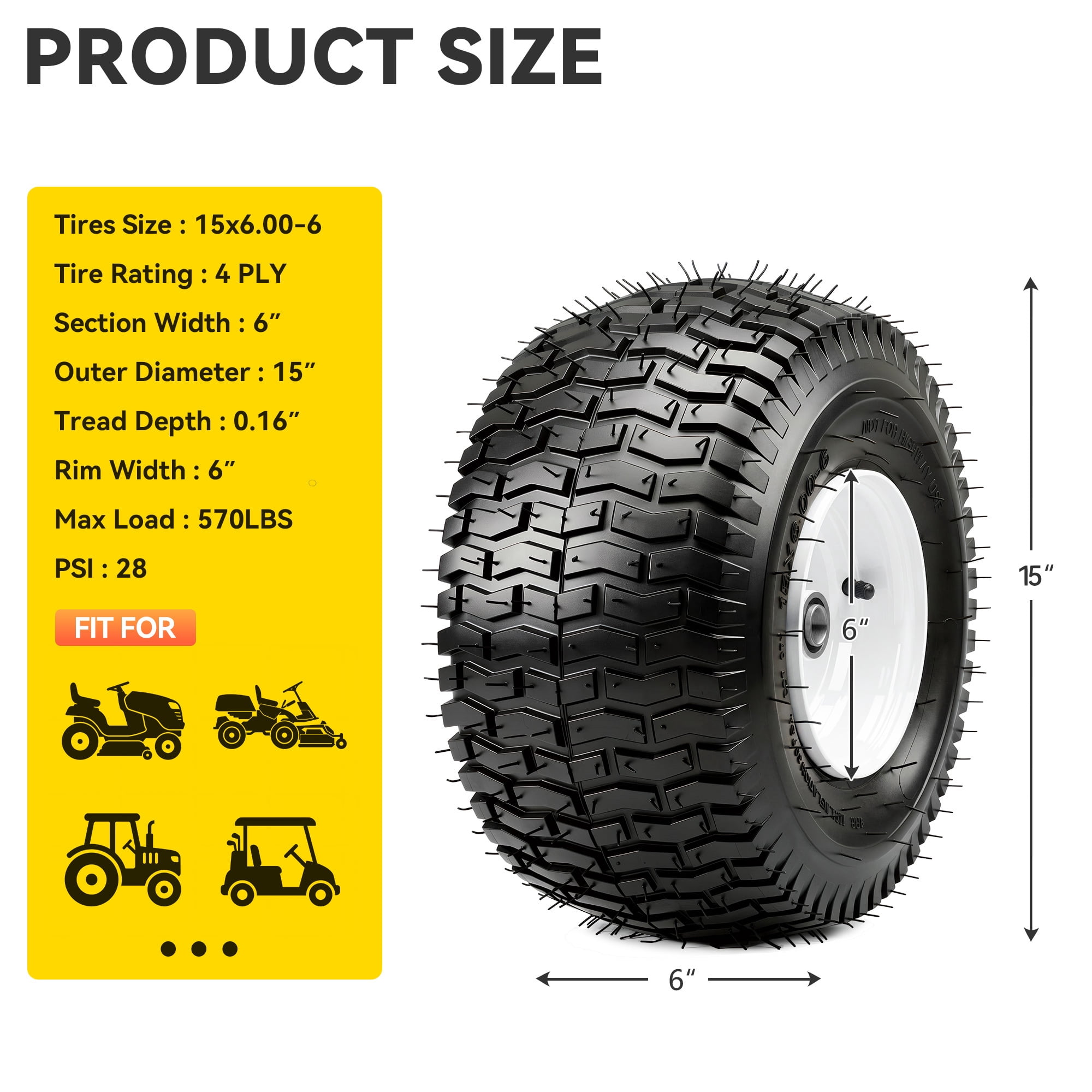 Uforic 15x6.00-6 Lawn Mower Tire & Wheel Assembly, 4 Ply Pneumatic Replacement Front Tires, 570 LBS Load Capacity, 3" Centered Hub 3/4" Bearings, Fits John Deere Riding Lawn Tractors, Set of 2