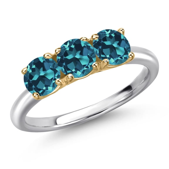 Gem Stone King 925 Silver and 10K Yellow Gold London Blue Topaz Engagement Ring for Women | 2.10 Cttw | Round 5MM | Gemstone November Birthstone | Size 5