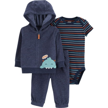 Boys Blue Dinosaur (Child of Mine by Carter's Hooded Cardigan, Short Sleeve Bodysuit & Pants, 3-Piece Outfit Set (Baby)