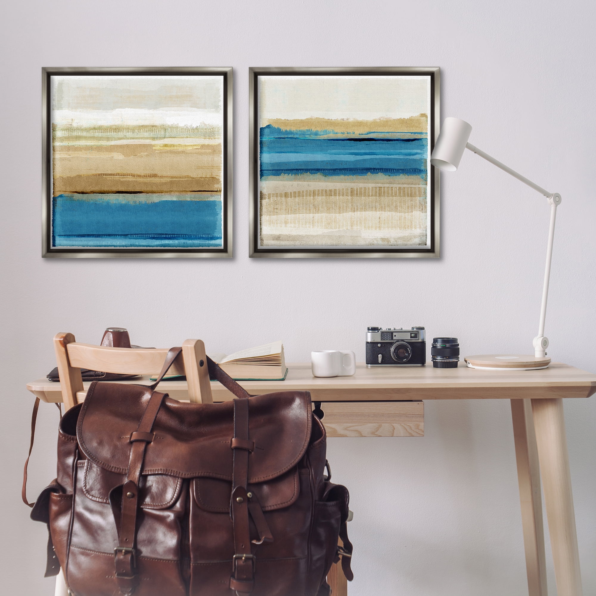 Stupell Industries Blue Gold Daze Striped Abstract Abstract Painting Gray Floater Framed Canvas Art Print Wall Art, 25 x 25, Set of 2