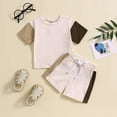 thumbnail image 2 of Kaprioy Toddler Boys Clothes Baby Boy Outfit Sets Kids Waffle Color Block Raglan Sleeve Tee & Solid Shorts Set,2-Piece Summer Kids Boys Outfit Sets, 2 of 7