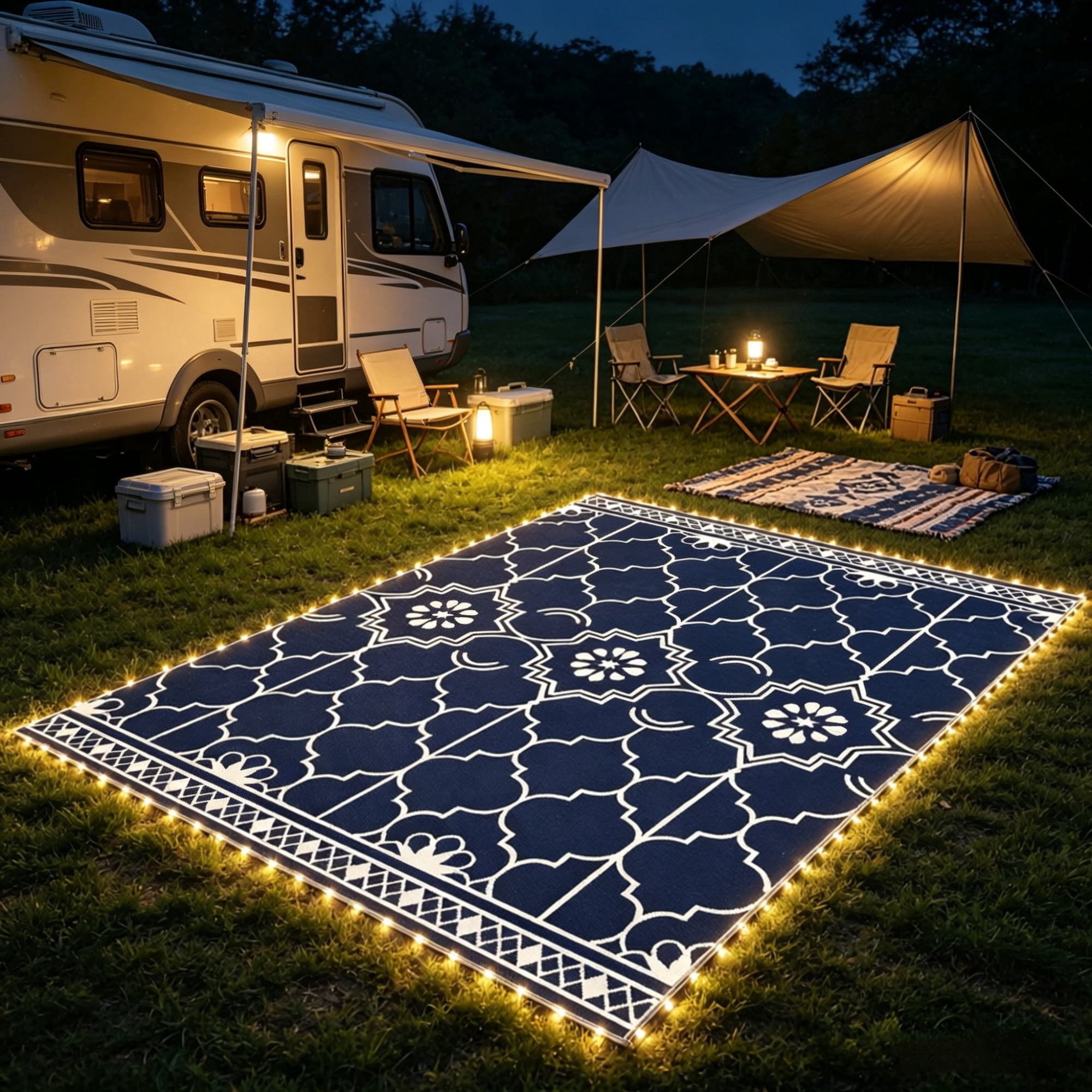 Reversible LED Light Outdoor Rug Carpet 12'x9' PP Straw Material with Carry Bag And Ground Stakes for Garden Patio Decor