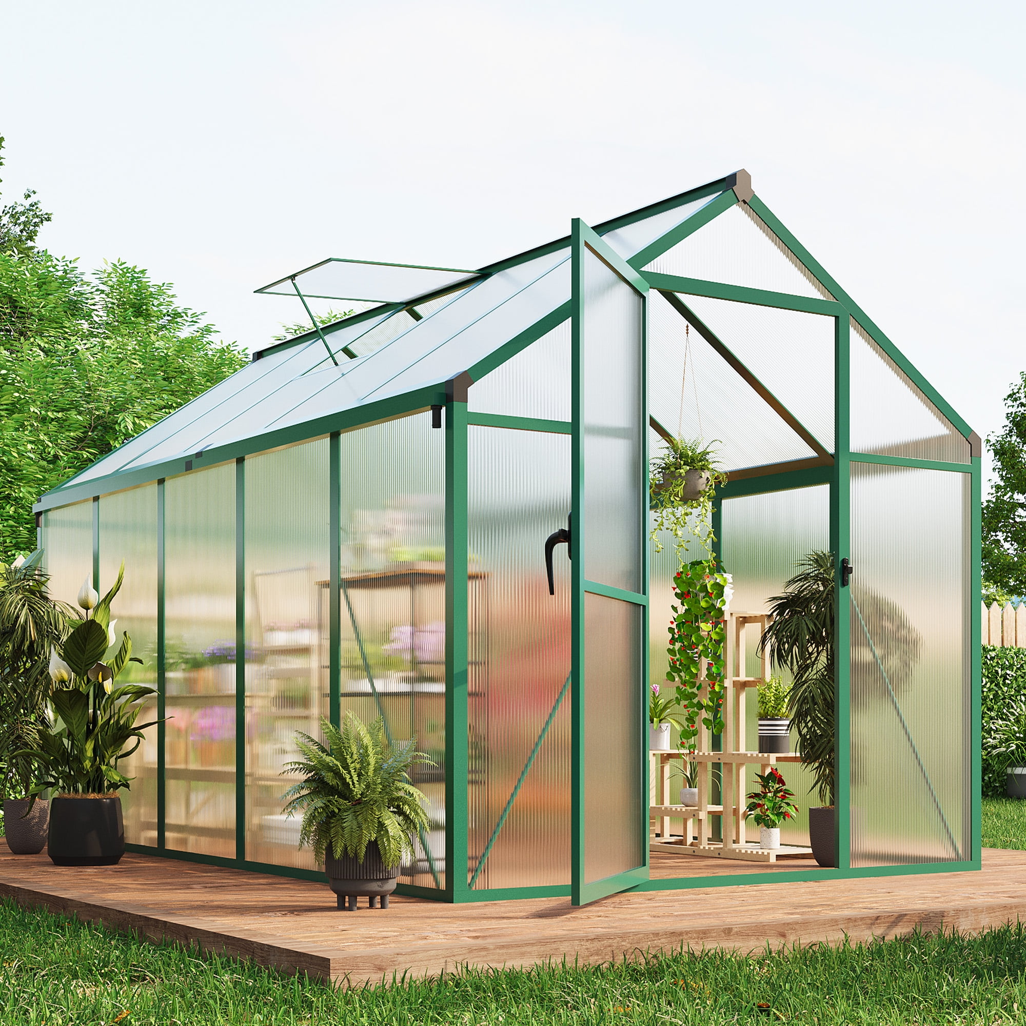 COZONY 6*10ft Walk-In Greenhouse, 720g/m² Polycarbonate Panels with Aluminum Frame&new handle, Roof Vent & Quick Setup for Outdoor Gardening,Green