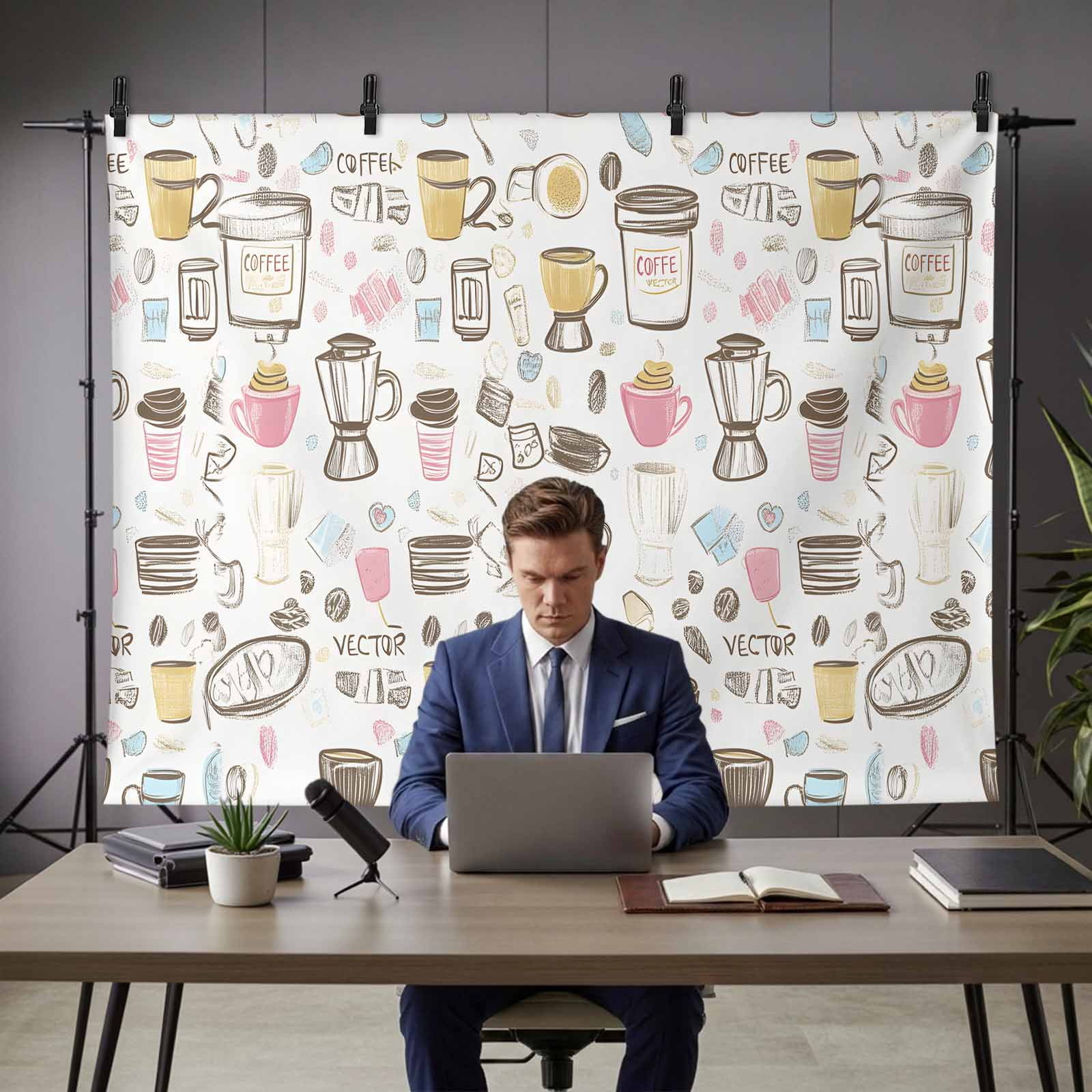 Coffee Backdrop for Photography, Cartoon Modern Hand Painted Photo Backdrop Portrait Background Party Banner Photo Backgrounds for Studio Booth Props, 7x5ft