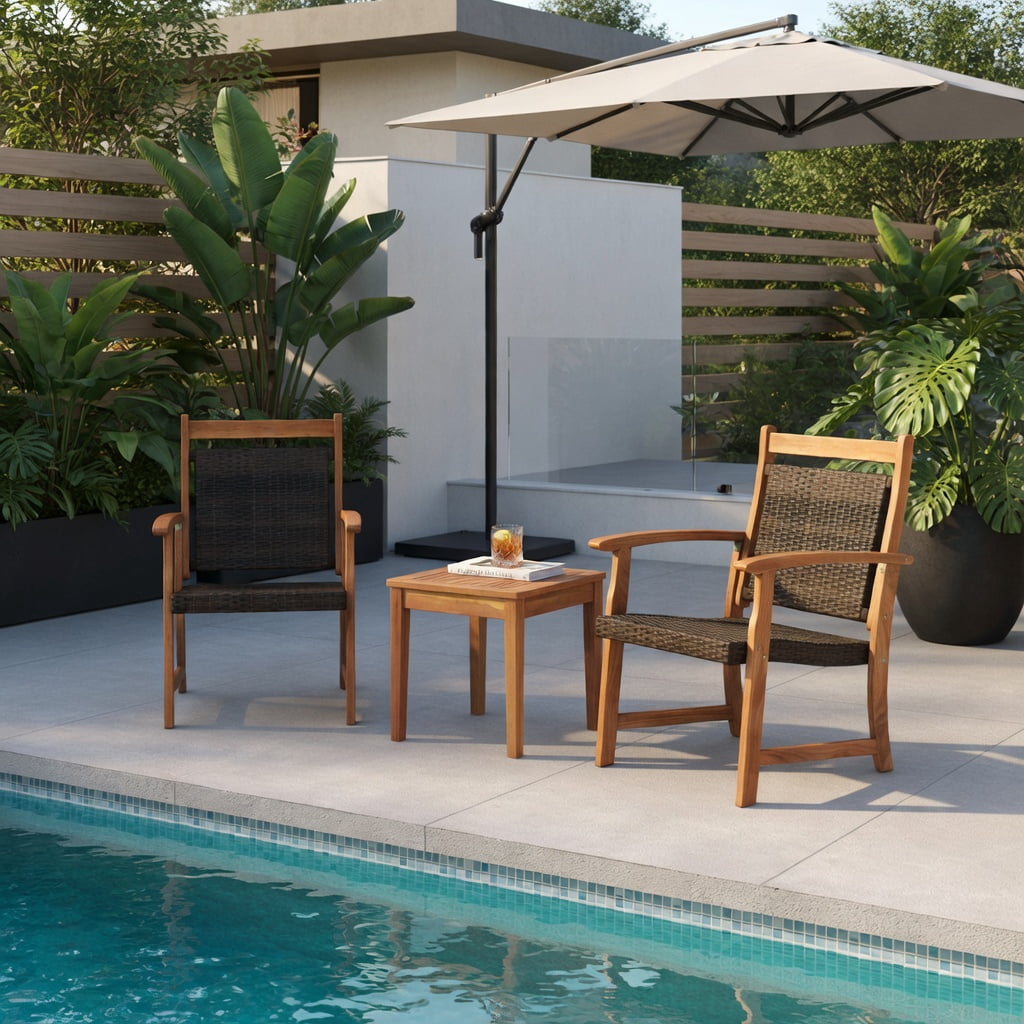 Hommoo 3-Piece Outdoor Rattan Bistro Set, 2 Acacia Wood Armchairs + Square Side Table, Rustic PE Wicker Patio Furniture for Garden, Balcony & Deck, Reddish Brown