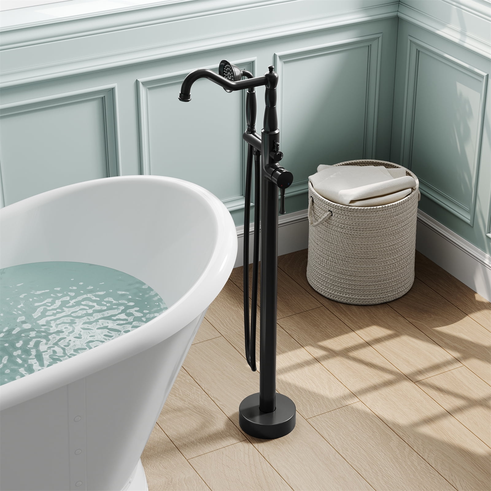 ANGELES HOME Freestanding Tub Faucet with Handheld Shower, Floor Mount Bathtub Filler, Roman Bathtub Faucet with Swivel Spout Brass Rough-in and Water Hose, Matte Black