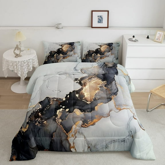 Black Marble Bedding Set Queen,Black and Grey Marble Comforter Set Men Teens Modern Gray Orange Abstract Art Tie Dye Down Comforter Gothic White Gold Marble Duvet Insert Soft