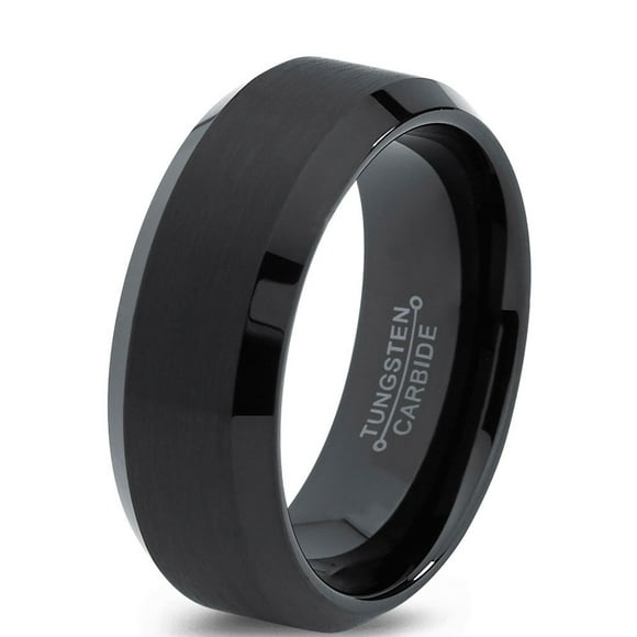 Tungsten Wedding Band Ring 8mm for Men Women Comfort Fit Black Beveled Edge Polished Brushed Lifetime Guarantee