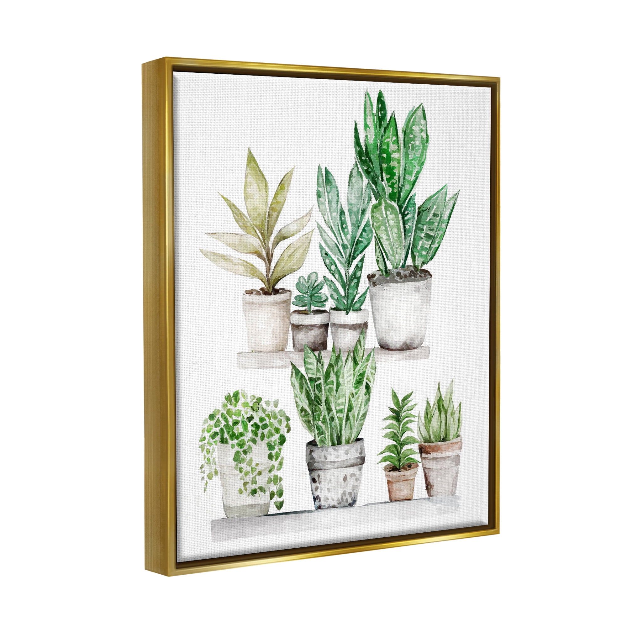 Stupell Industries Mixed Greenery Potted Ivy Plants Botanical & Floral Painting Gold Floater Framed Art Print Wall Art