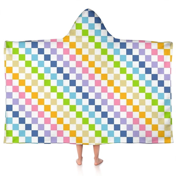 Pastel Color Checkered Pattern Hooded Bath Towel，50"x30" for Ages 3 To 12 Kids, Quick Dry Lightweight Soft Microfiber Hood Beach Towel Cover Up for Kids