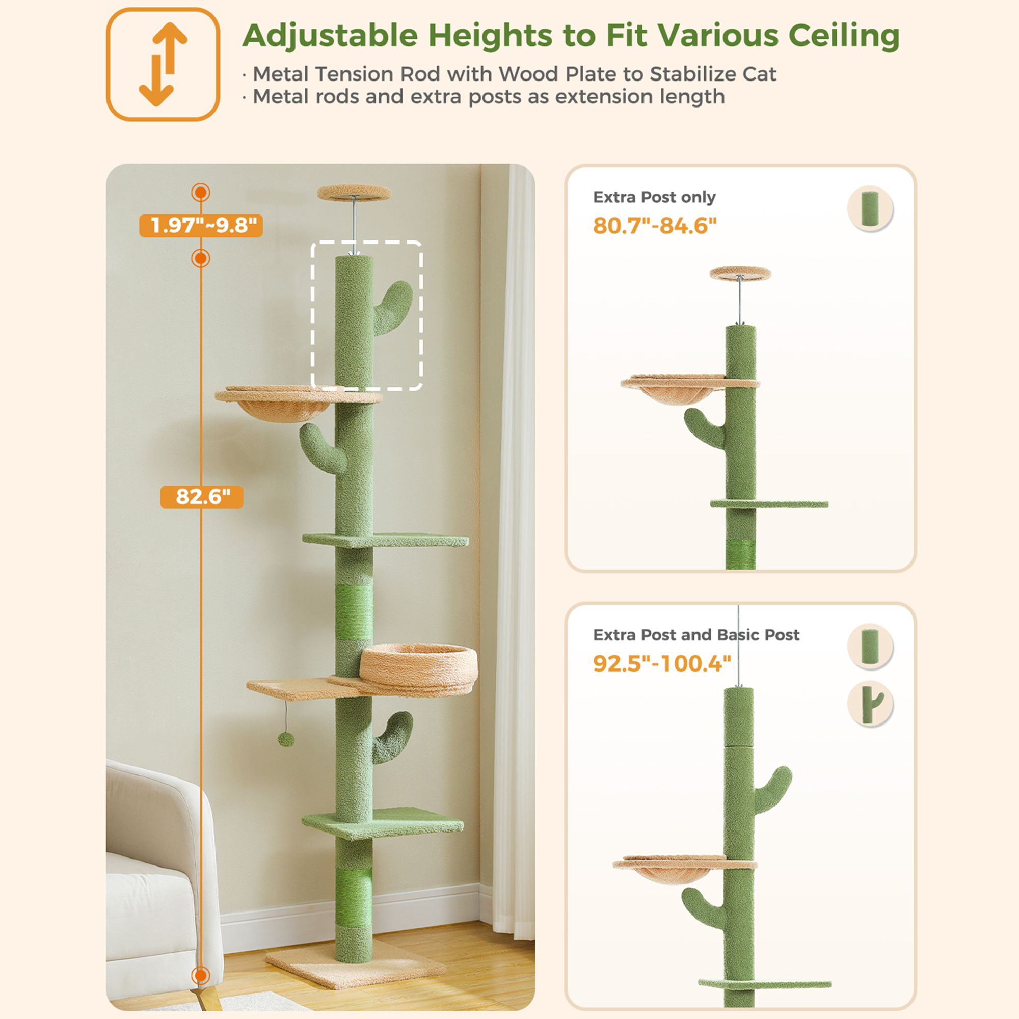Kadyn (87"-100") Height Adjustable Floor to Ceiling Cat Tree, 5 Levels Cactus Cat Tower with Cat Perch and Hammock, Cat Climbing Activity Center, Green