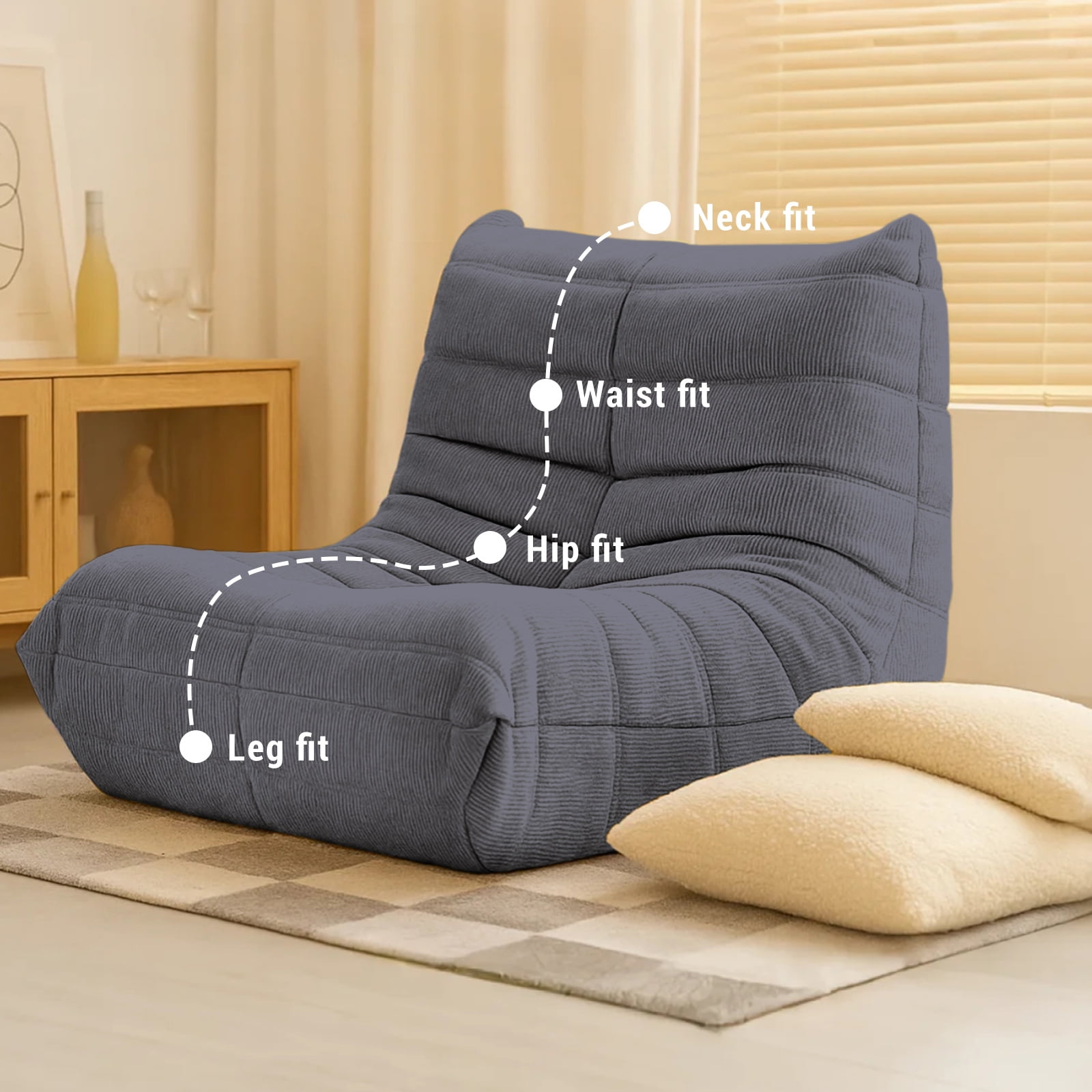 Kingrest Memory Foam Bean Bag Chair for Adults, Single Sofa Chair with Removable Washable Cover, Comfortable Lounger for Living Room, Bedroom, Office, Reading & Relaxing in Small Spaces