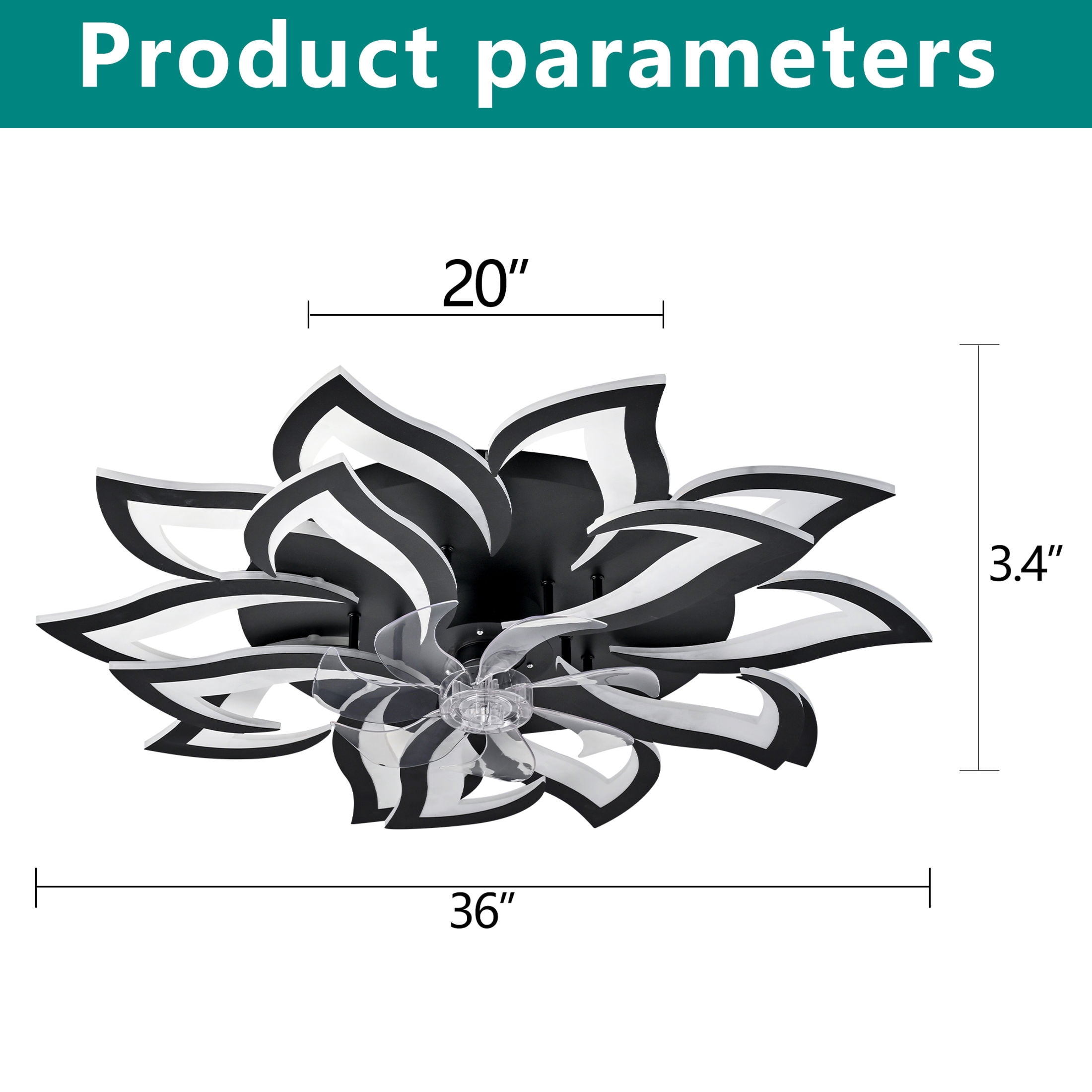GDF Studio 15-Head Flower Modern Ceiling Fan with LED Lights & Remote Control, Low Profile Flush Mount Fandelier, Black
