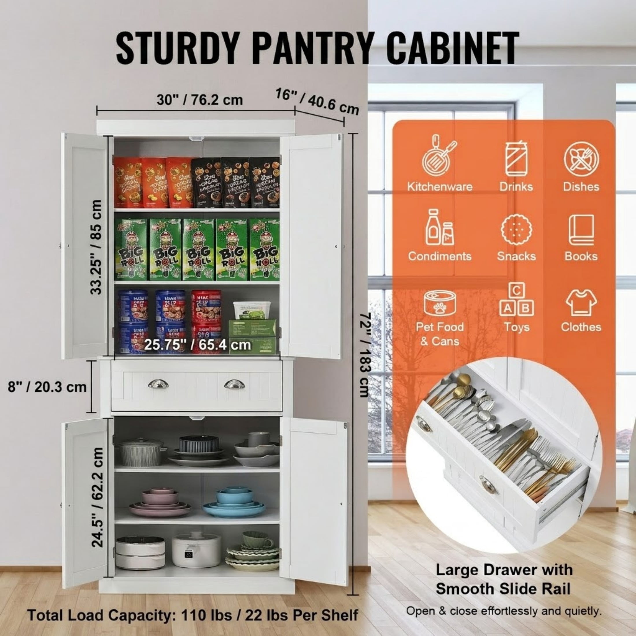 72" Kitchen Pantry Storage Cabinet, Tall Freestanding Utility Cabinet with Doors, Drawer and 3 Adjustable Shelves, White Food Buffet for Kitchen, Dining Room, Laundry