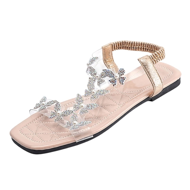 Sandales Plates pour Femmes avec Brides à la Cheville, Pvc Transparent, Strass1 Perlé, Décontractées à Enfiler, Bout Rond, 1 Pce