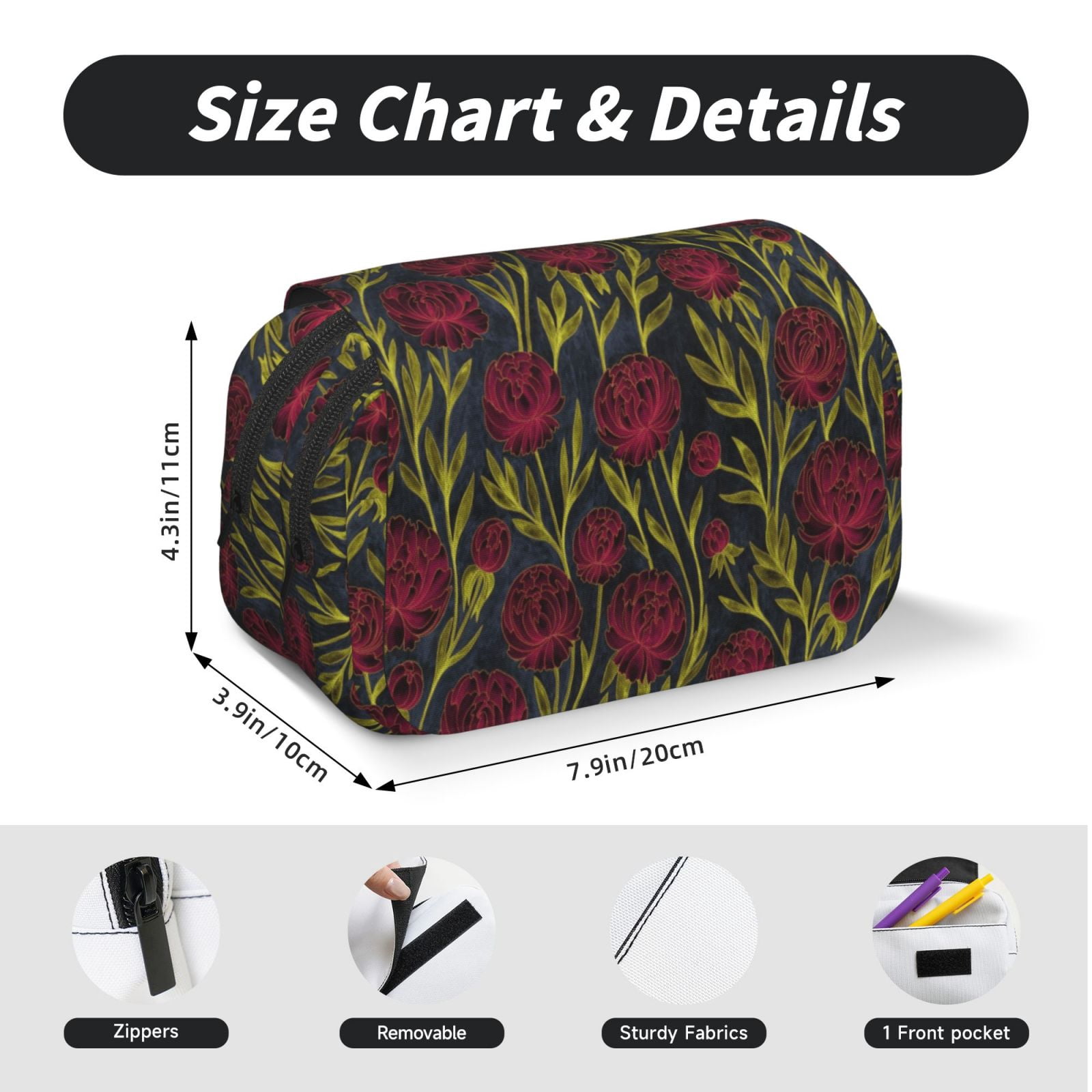 Rateoe Burgundy Peony Flowers Pattern Double Clamshell Pen Case, Storage Organizer with Two Zipper Compartments– Holds Up to 50 Pencils & Pens