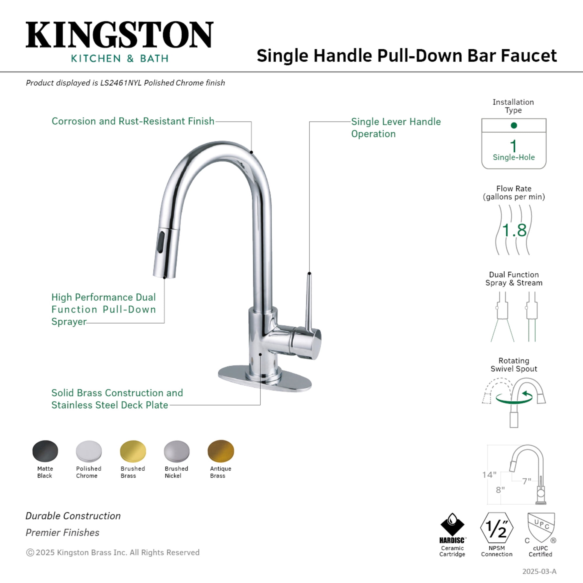Gourmetier LS2468NYL New York Single-Handle Pull Down Sprayer Bar Faucet, Brushed Nickel