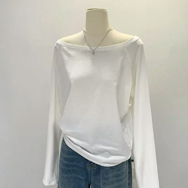 Autumn Winter One Shoulder Cotton Long Sleeve Slant Shoulder Женская одежда с широкими трюфелями в стиле