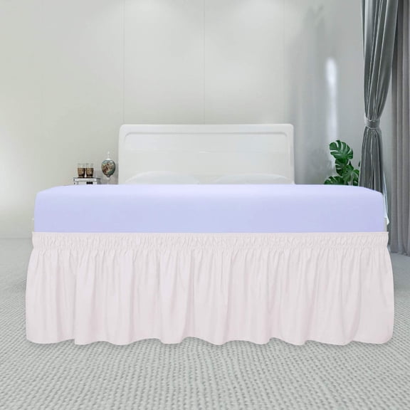 Wrap Around Ruffled Bed Skirt with Adjustable Elastic Belt - 18 Inch Drop Easy to Put On, Wrinkle Free Bedskirt Dust Ruffles, Bed Frame Cover for Queen, King and C-King Size Bed, Baby Pink