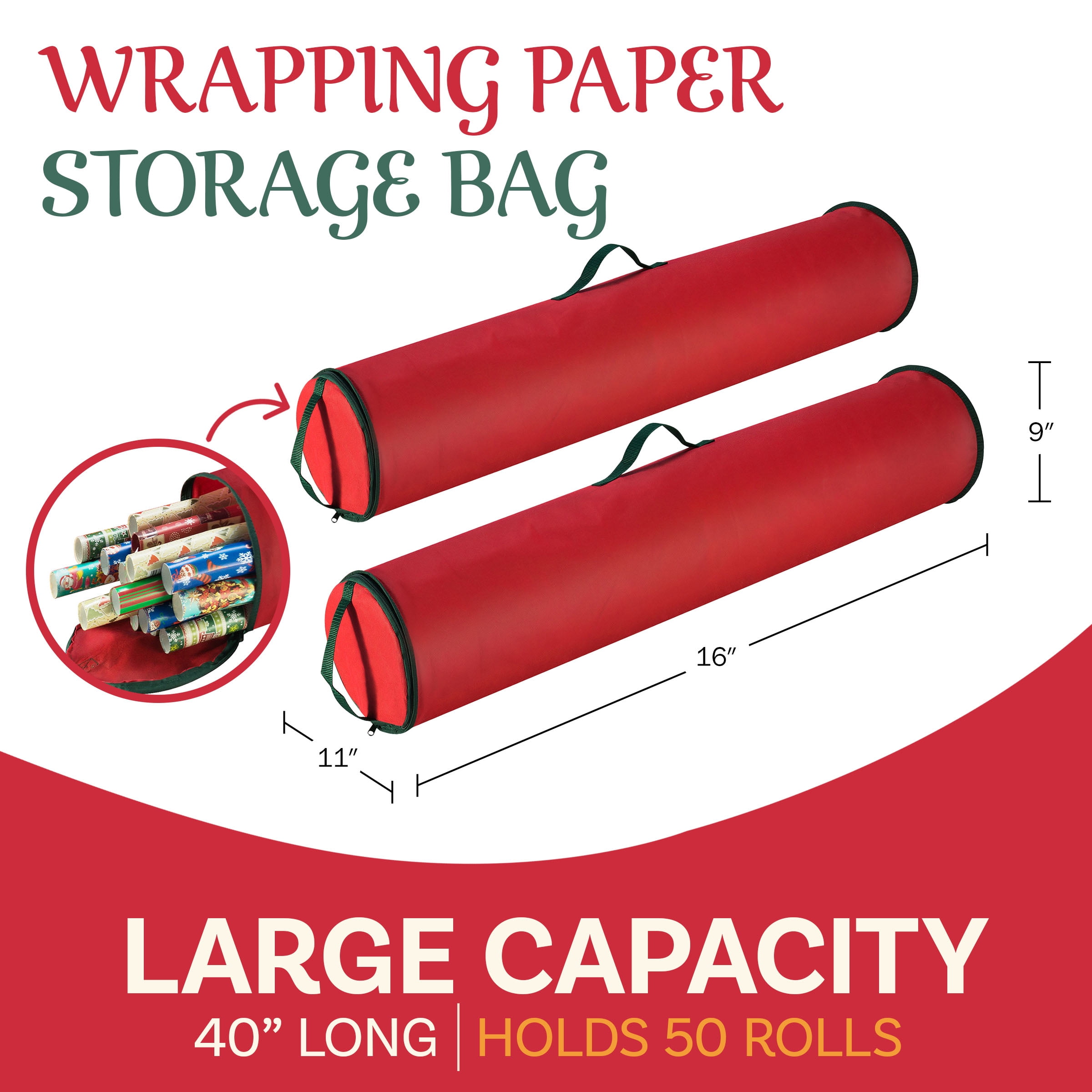 Elf Stor 40in Wrapping Paper Storage Bag 2-Pack - Holds Up to 50 Rolls, Red