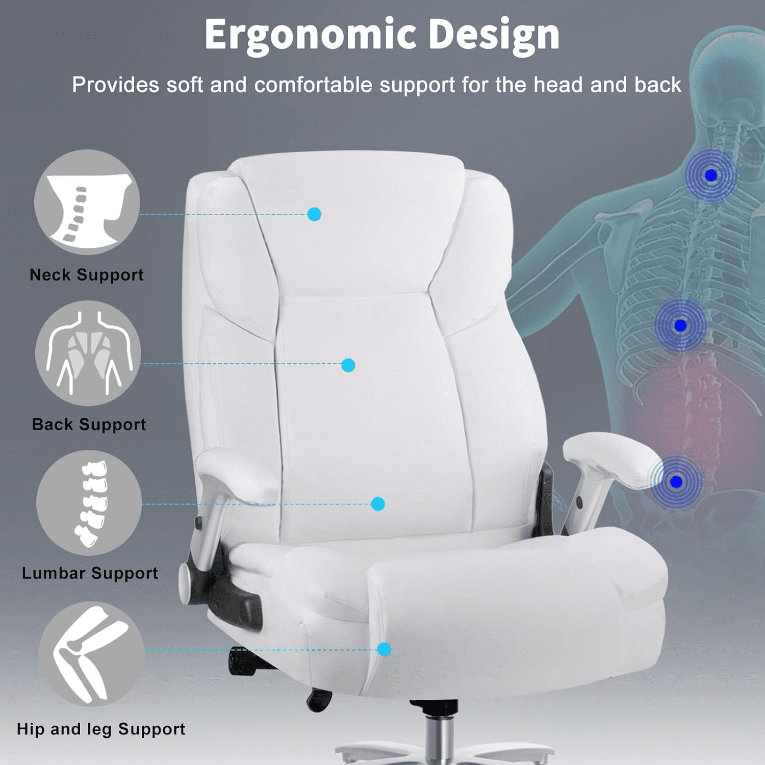BOSSIN 600lbs Big and Tall Office Chair with Flip up Armrest, Large Heavy Duty with Ergonomic Lumbar Support, Executive Office Chair for Heavy People with Quiet Rubber Wheel(White)