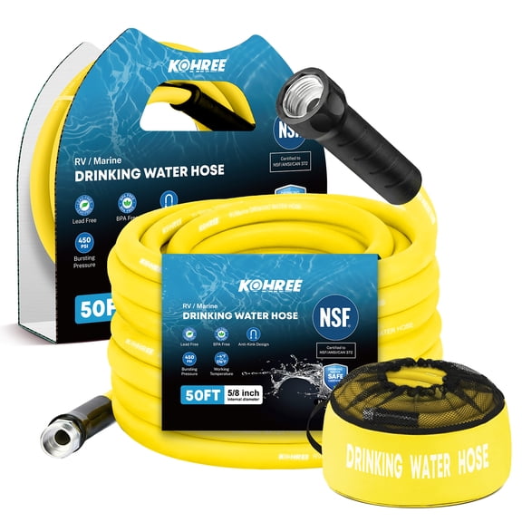 Kohree 50FT NSF 372 Certified Drinking Water Hose, 5/8" ID, Lead-Free, No-Kink & Flexible, with Storage Bag for RV, Camper, Truck, Car, Yellow