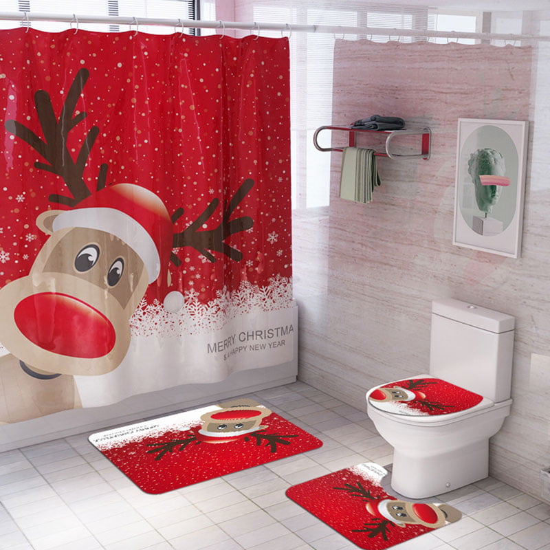 Bathroom Shower Curtain Rug Set Star Christmas Ball Pine Leaf Waterproof Fabric 