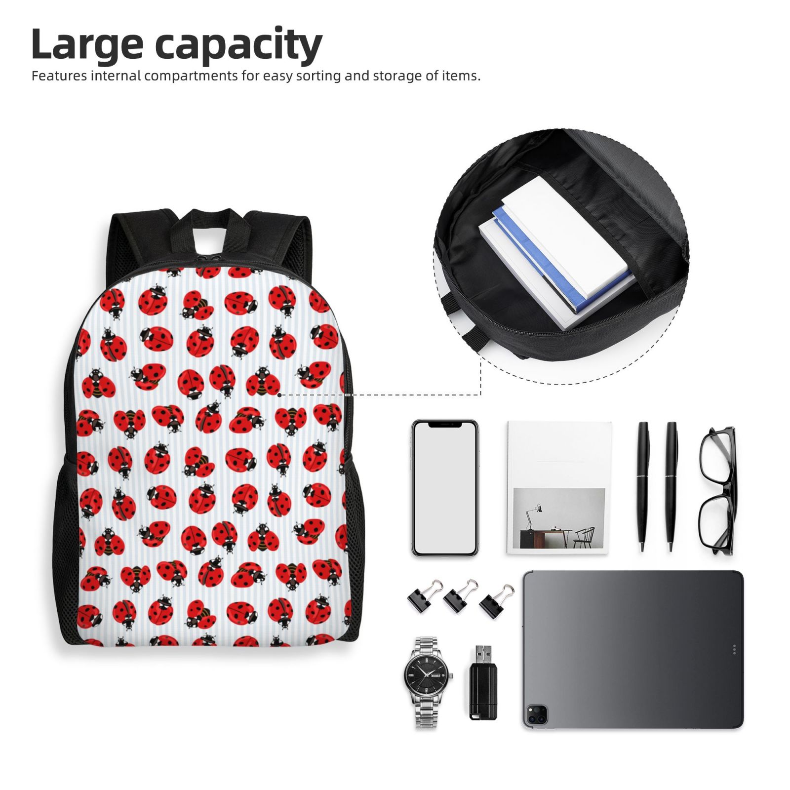 Xecao Ladybug On Blue Stripes Print School Backpack with Laptop Compartment Small Travel Laptop Backpack for Women Men Waterproof College Backpack Simple School Bag