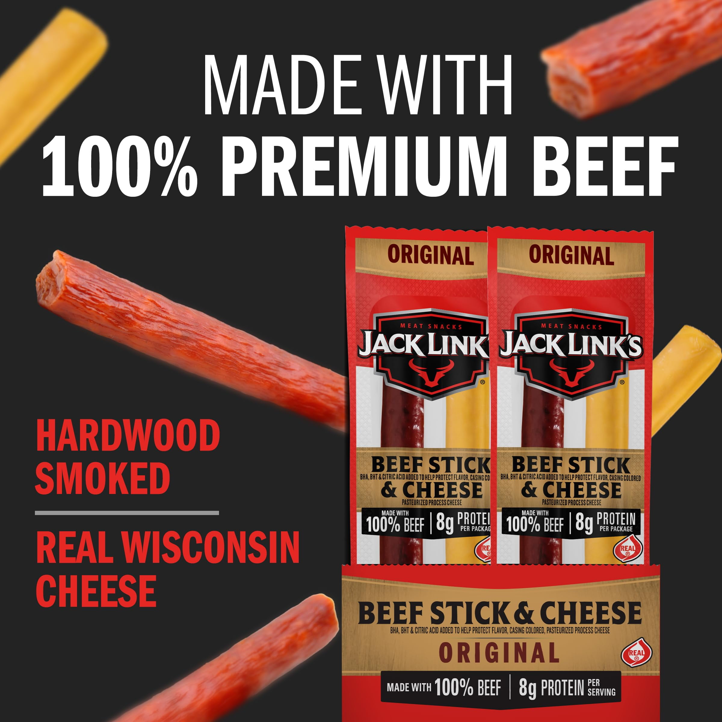 Jack Links Original Beef & Cheese Combo Snack Pack – 100% Beef Stick And Cheese Stick Made With Real Wisconsin Cheese - 8G Protein And 140 Calories Per Serving, 1.2 Oz. (Pack Of 16)