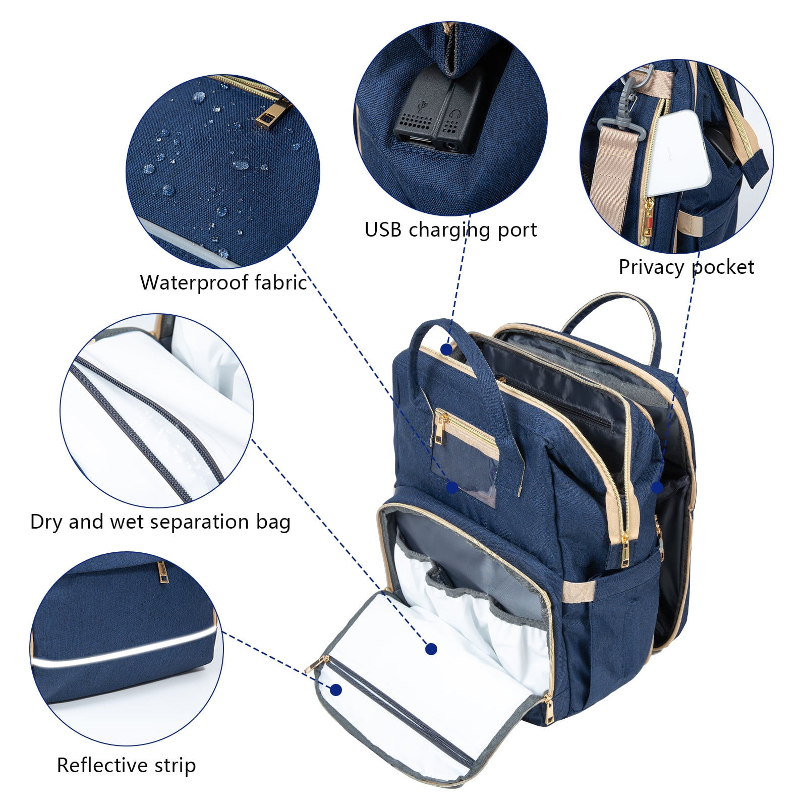 ZENWAWA Luxury Blue Gold Diaper Bag Backpack for Mom Dad with Insulated  Feeding Bottle Inserts Large Baby Changing Bag with Stroller Straps